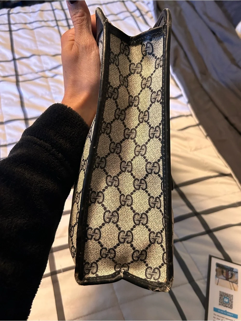 Gucci GG Supreme Briefcase Tote in Beige with Blue and Red Stripe